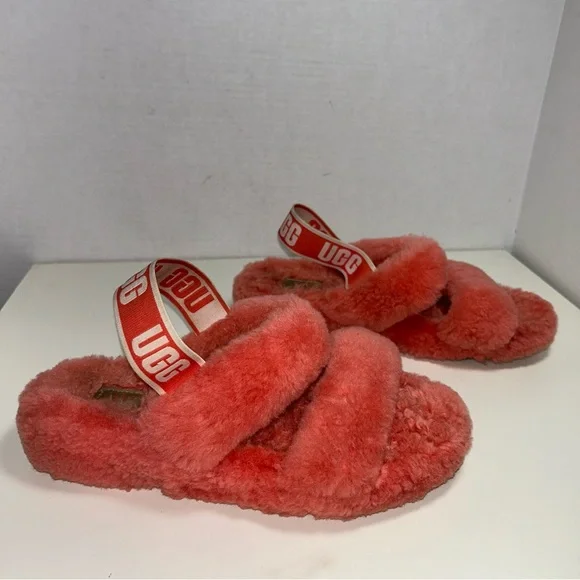 Ugg Oh Yeah 1107953 Fluffy Coral Sheepskin Slipper Slides - Picture 1 of 12